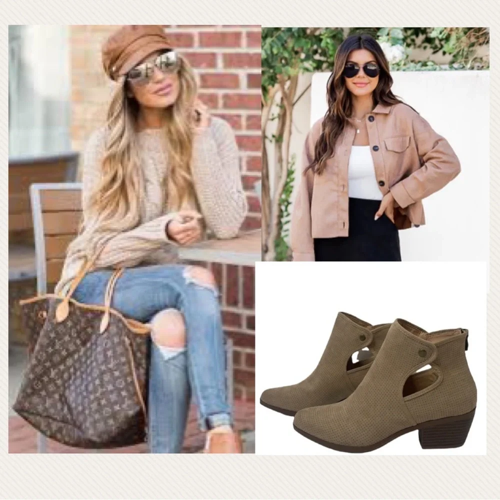 Tan Heeled Button Booties Cut Out Faux Suede Boots Taupe Brown Womens Size 7.5